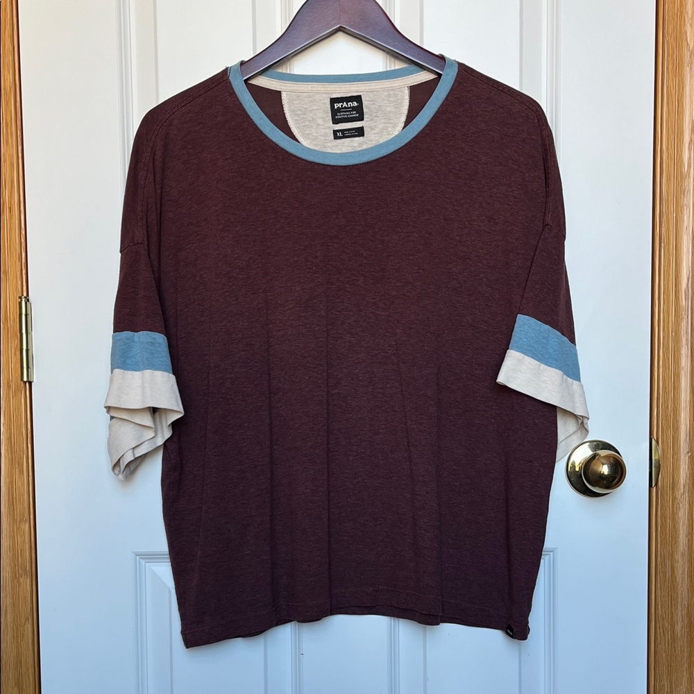 Prana Maroon and Sky Blue Short Sleeve Tee